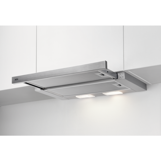 AEG DPB3632S 
60cm Silver Pull Out Hood, Mechanical Push Buttons, 3 Speeds, LED Lighting, Charcoal 