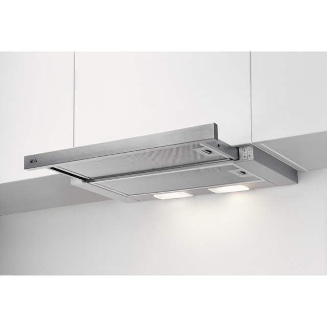 AEG DPB3632S 
60cm Silver Pull Out Hood, Mechanical Push Buttons, 3 Speeds, LED Lighting, Charcoal 