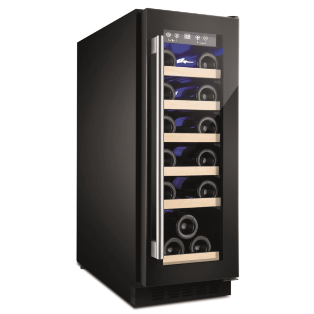 Amica AWC300BL 30 cm fs wine cooler, 19 x BS, black glass door, blue LED, RD