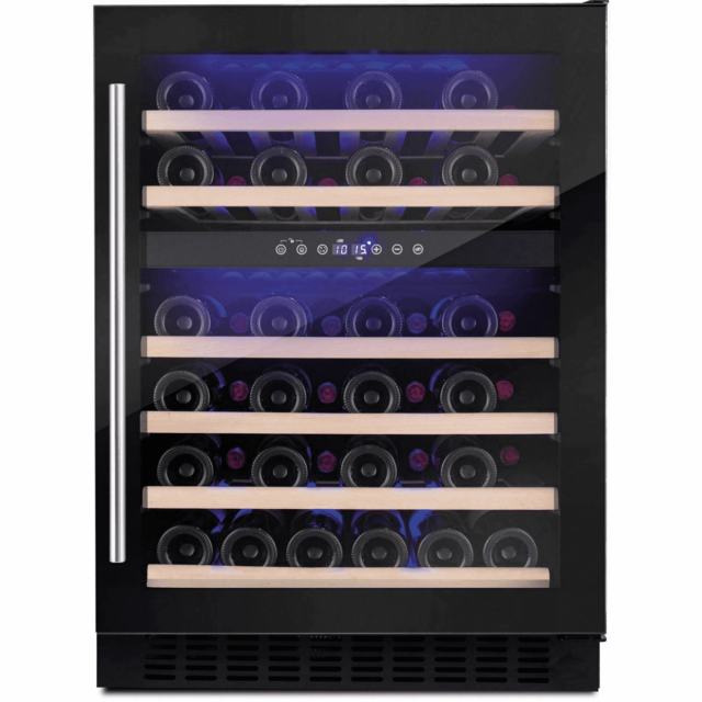 Amica AWC600BL 60 cm fs wine cooler, 46 x BS, black glass door, blue LED, dual temp, RD
