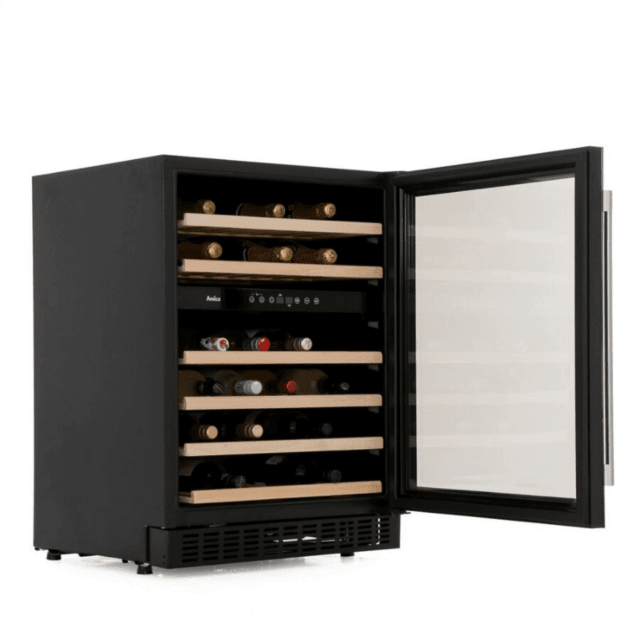 Amica AWC600BL 60 cm fs wine cooler, 46 x BS, black glass door, blue LED, dual temp, RD