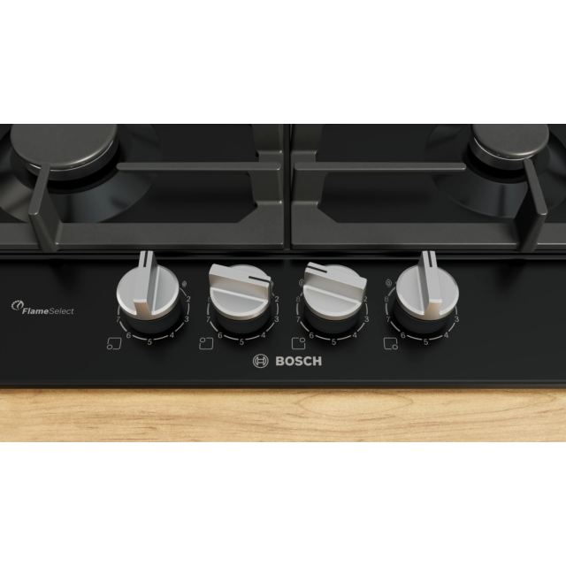 Bosch PCP6A6I90 60cm Black Gas Hob with Flame Select