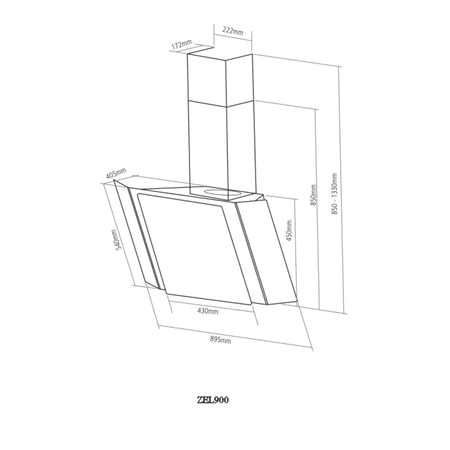 Caple ZEL900 Zella, black glass with aluminium, illuminated LED touch controls, 612m3/h, W 900mm, A 
