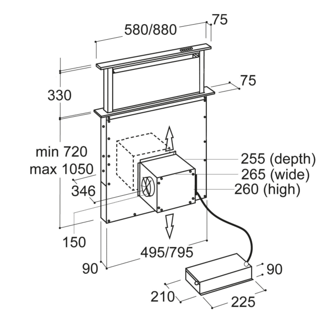 CDA EDD92BL Downdraft extractor, Ducted/re-circulating, 3 speeds, TC, black