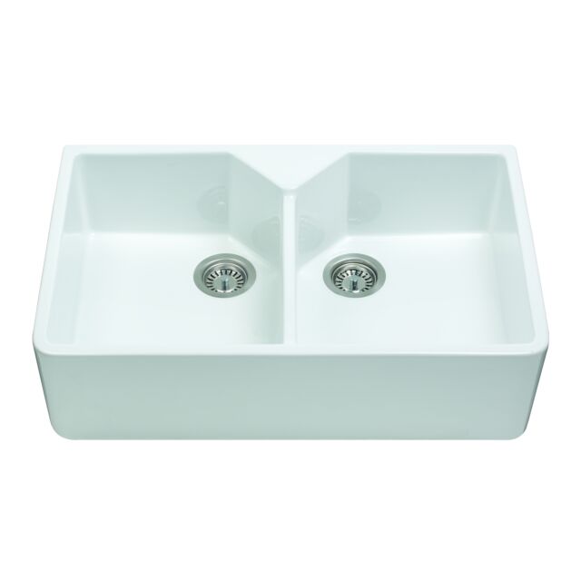 CDA KC12WH Ceramic Belfast style double bowl sink, fireclay construction